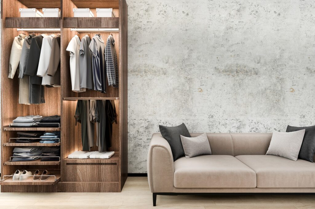 3d rendering minimal loft sofa with wood walk in closet with wardrobe